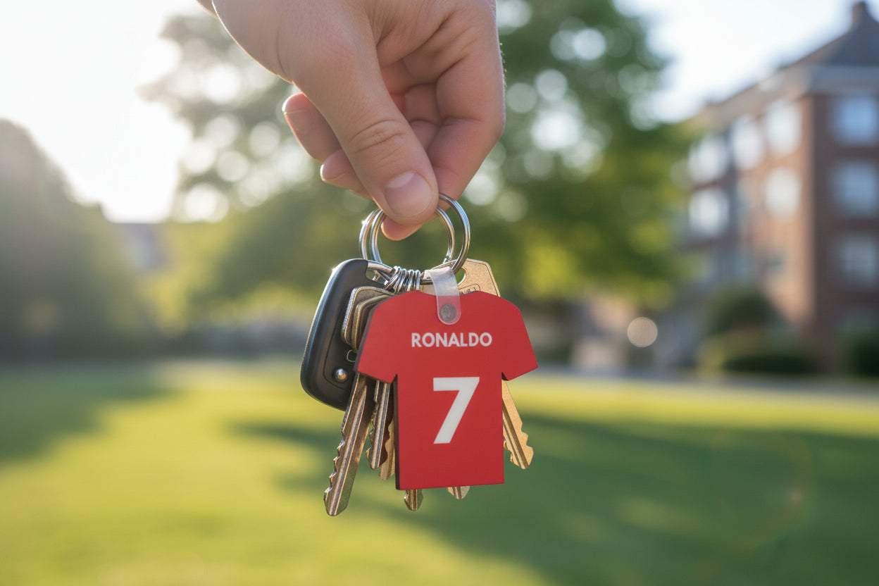 Red keychain shaped like a sports jersey with 'RONALDO' and number '7' on a set of keys outside